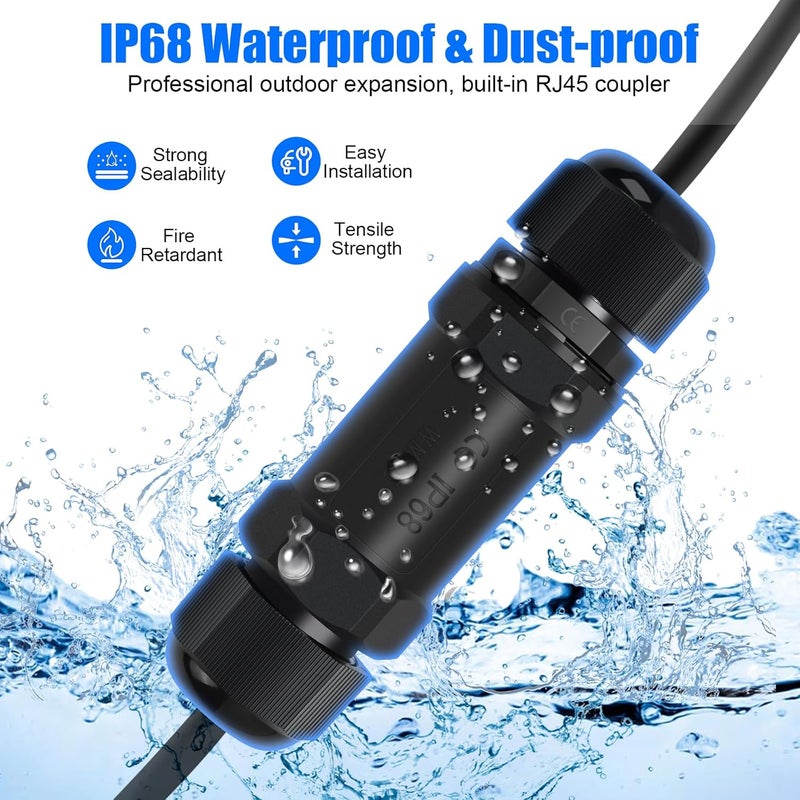 QINGLER موصل RJ45 مقاوم للماء مع دعم PoE - عبوة 3 قطع، موصل إيثرنت محمي IP68 خارجي أنثوي إلى أنثوي لكابلات الشبكة Cat6/Cat5E/Cat5 - Image 2